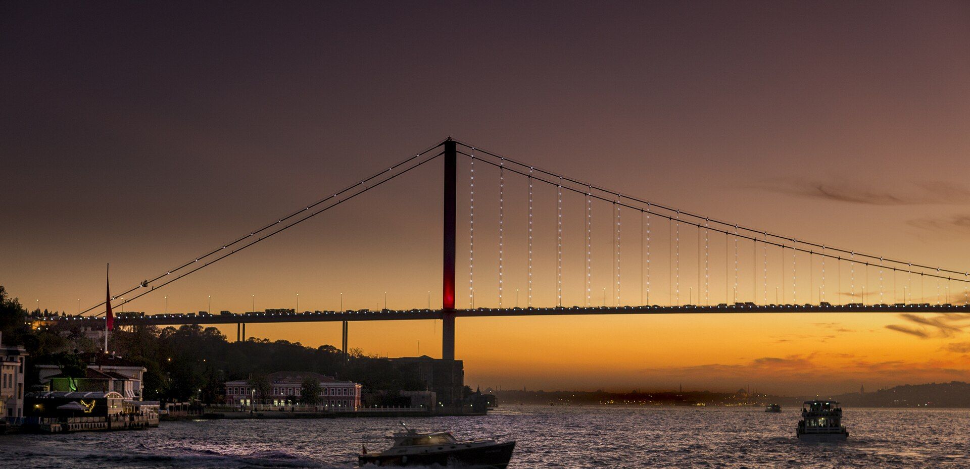 The Bosphorus Bridge at sunset, seen from the water